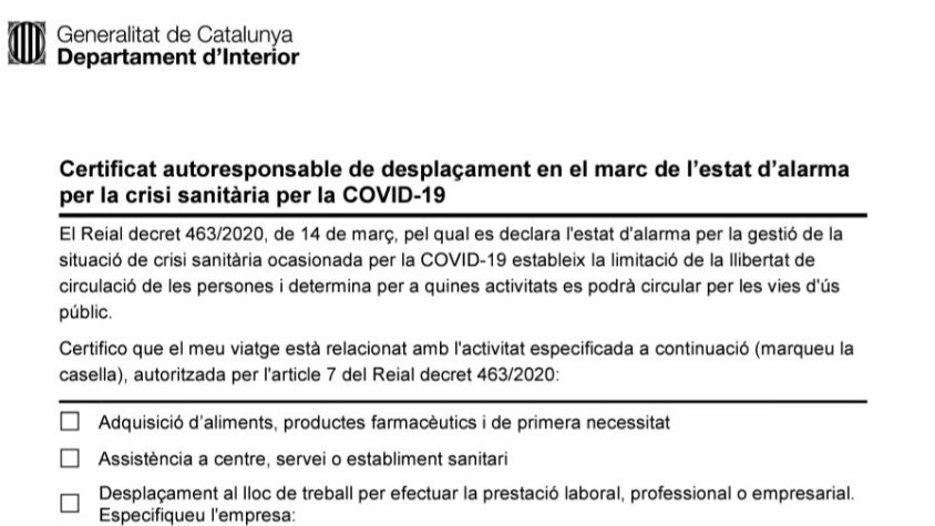 El certificat d'autoresponsabilitat entrarà en vigor a partir de dilluns