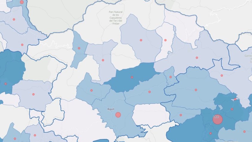 Mapa de contagis de les poblacions de més de 200 habitants del Ripollès