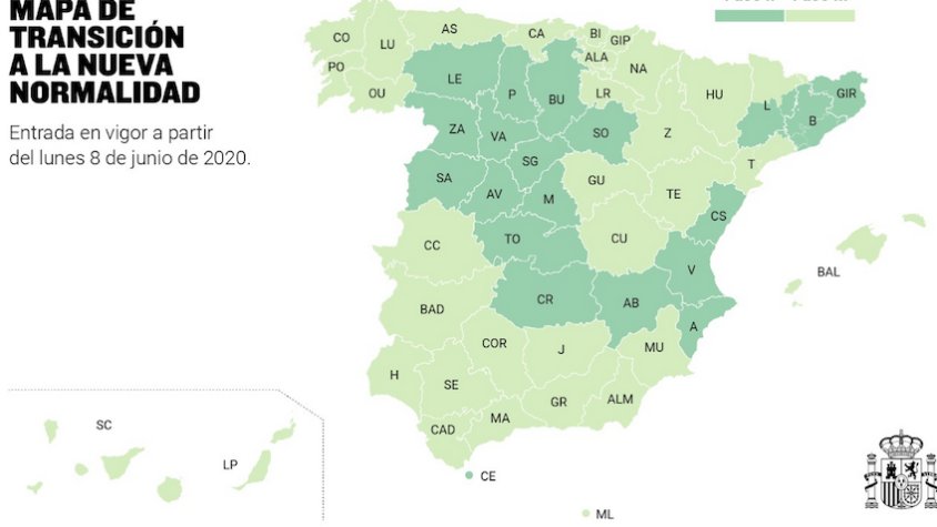 Mapa de les regions sanitàries d'Espanya que passen de fase