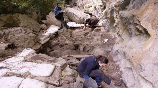 Arqueòlegs treballant a la Bauma dels Fadrins