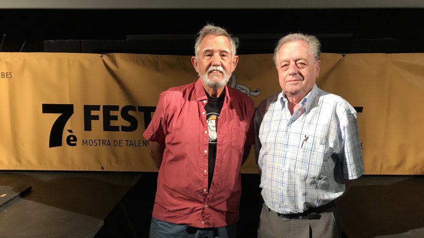Jaume Palmés, director del festival, i Eugeni Casals al Cinema Catalunya