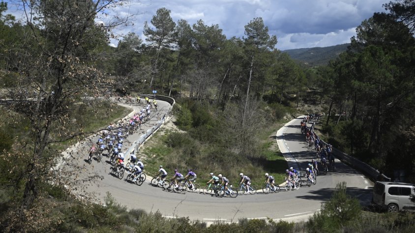 El grup gran de l'etapa 3 de la Volta pujant al Coll de la Creueta (Toses)